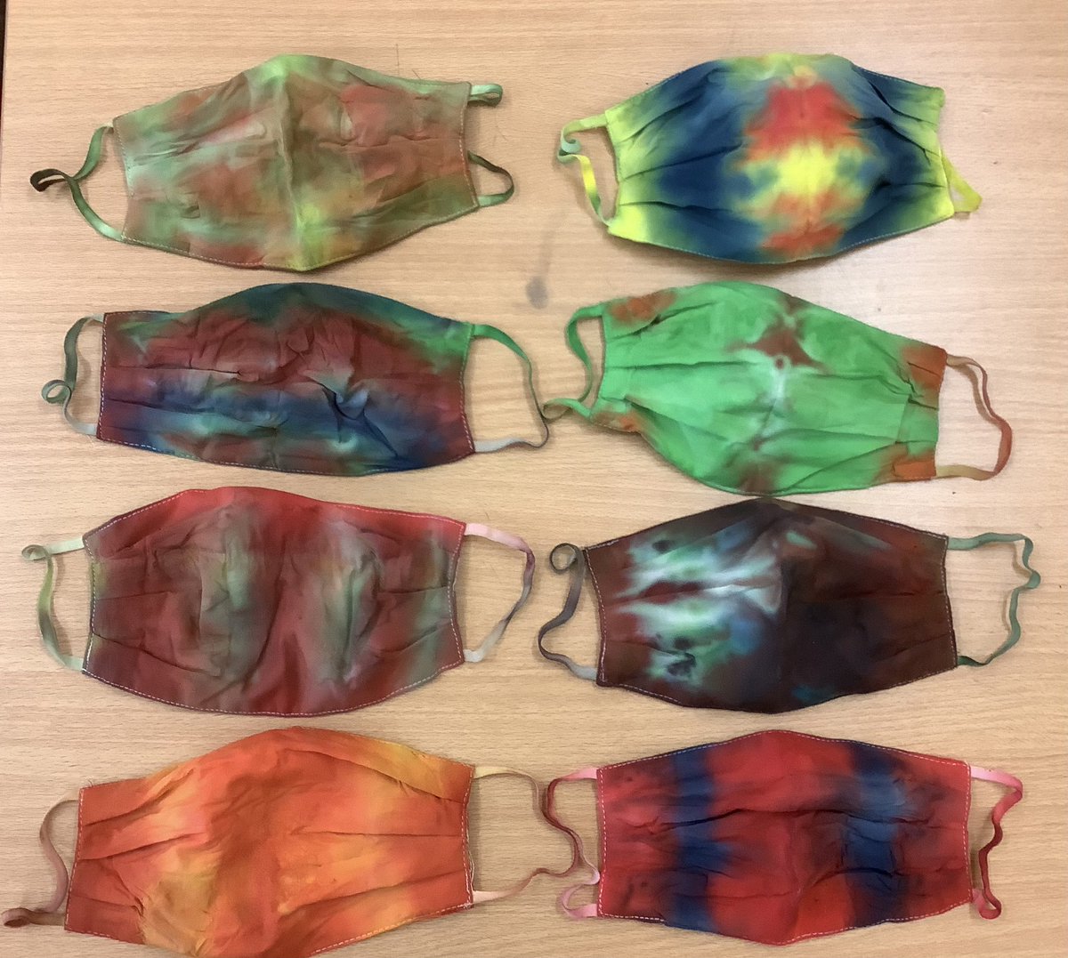 nicolemcmen's tweet photo. LCA Science tie-dyed hand-made bamboo fabric face masks using natural dyes for their green schools project!😷💦@StEunansGS https://t.co/4toFEKlXYn