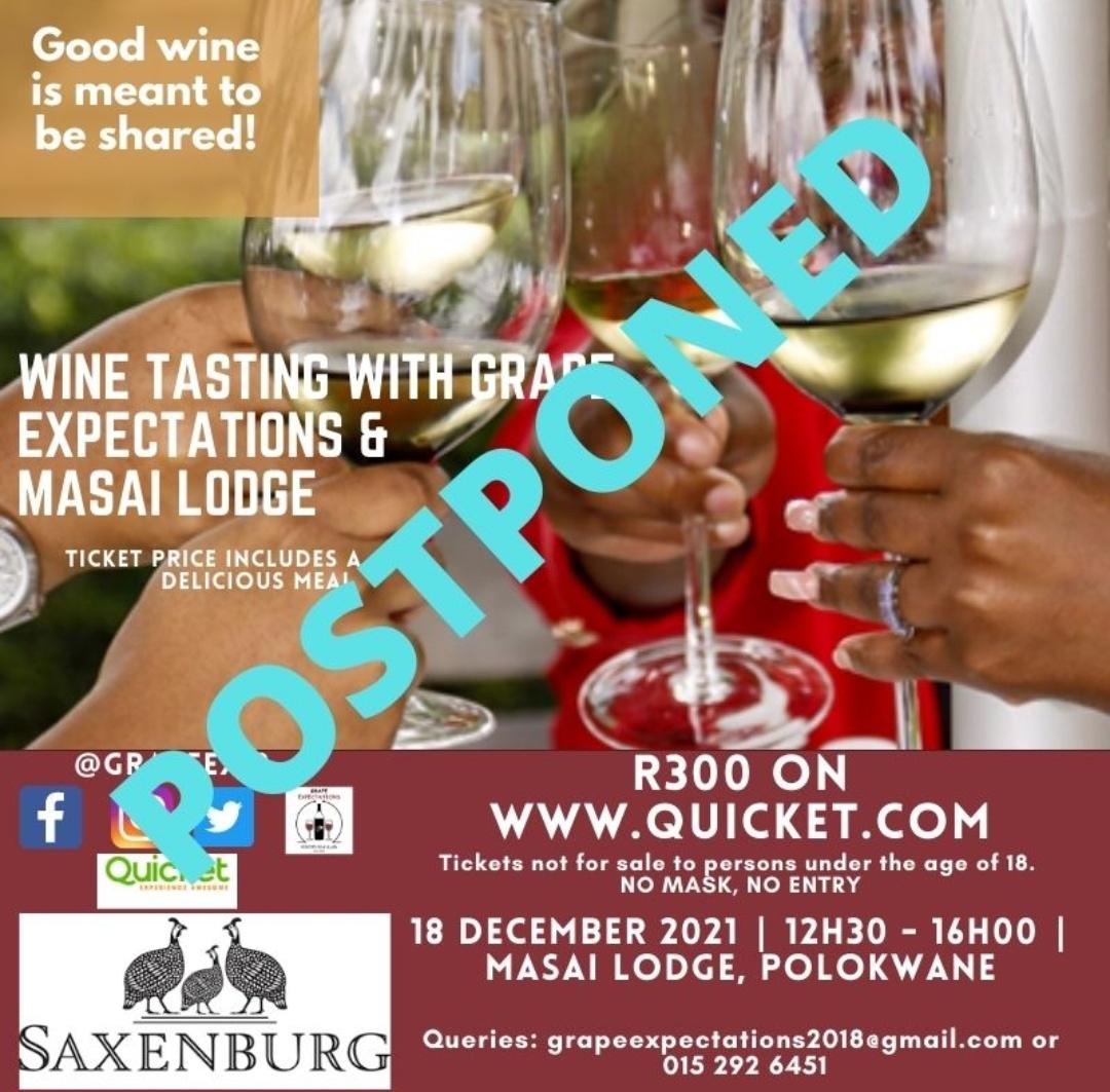 grapeex18's tweet photo. Hello everyone, Due to unforeseen circumstances &amp; increase in Covid19 cases, our wine tasting event in Polokwane has been postponed until further notice.  A new event date will be communicated in the new year. 

Until then, Please stay safe and have blessed festive season. 🎄🎅 https://t.co/yZLF8yH3IV