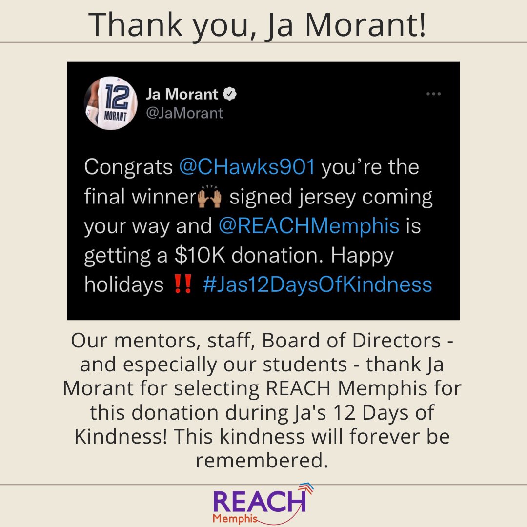 REACHMemphis's tweet photo. We are really grateful that Ja Morant selected us for one of his donations. @JaMorant, you are helping in changing the lives of many students in Memphis. Thank you so much for your donation and Happy Holidays!
#REACHMemphis #Jas12DaysOfKindness https://t.co/oMMTxtQrnQ