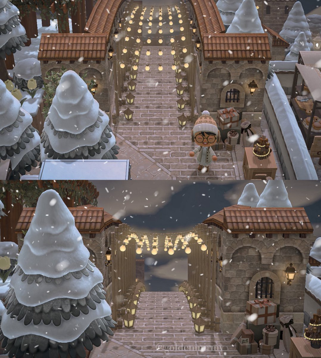 goldenmirmy's tweet photo. a snowy night under the lights ✨🎄

sometimes playing at nighttime really pays off 🤩

#ACNHUpdate #AnimalCrossingNewHorizons https://t.co/QUxaCP8Dtz