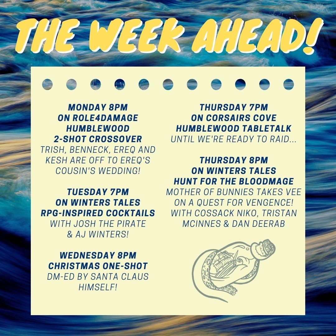 Corsairs_Cove's tweet photo. Busy week ahead for the crew of Corsairs Cove!
On @role4damage Mon, @winterstalesco Tues and Thurs and on our home turf Wed and Thurs! Who need sleep when you have DnD right?
https://t.co/HoVMspK5yb
#dnd #dnd5e #twitch #twitchstream #perthstreamers #corsairscove #humblewood https://t.co/rxoeXHD0dG