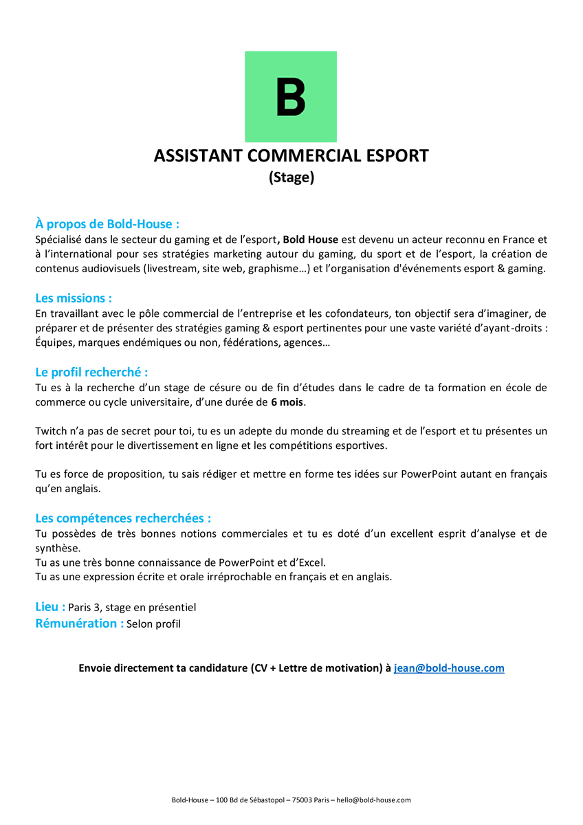 theboldhouse's tweet photo. On recrute un stagiaire pour travailler avec nous sur la partie commerciale gaming/esport en 2022😊

N'hésitez pas à partager l'offre autour de vous 🤟

https://t.co/CA2lr4ufTQ https://t.co/atXKRSTXUu