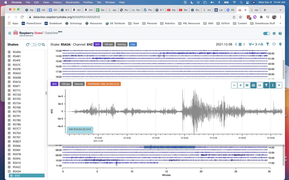 RobJacksonSMS's tweet photo. My classroom seismometer picked up earthquakes from last Wednesday (magnitude 4.3) and Saturday (magnitude 3.8)! The earthquakes originated in Salina, KS. https://t.co/uFtBOKHqa1