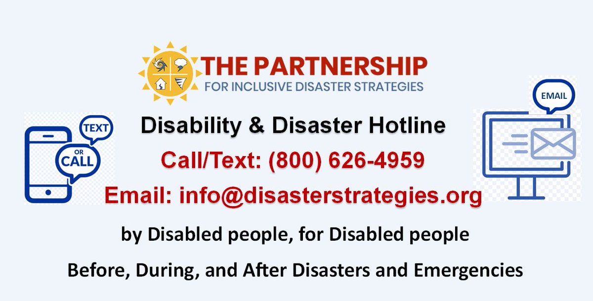 disasterstrat's tweet photo. We are here to assist and support!
If you or a loved one are disabled and impacted by recent extreme weather and need help - Call, Text or Email our Disability & Disaster Hotline (800) 626-4959 or info@disasterstrategies.org
#DisabLedDisasterRelief https://t.co/JqhVaeXxME