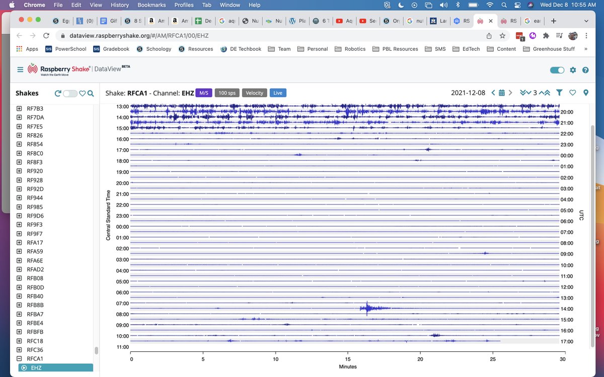 RobJacksonSMS's tweet photo. My classroom seismometer picked up earthquakes from last Wednesday (magnitude 4.3) and Saturday (magnitude 3.8)! The earthquakes originated in Salina, KS. https://t.co/uFtBOKHqa1