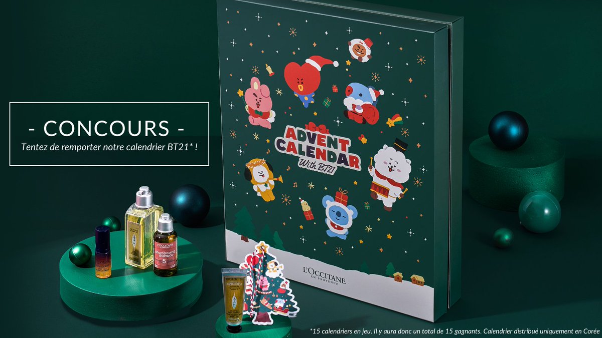 #Concours A tous les fans de <a href="/BT21_/">BT21</a> , nous avons réussi à obtenir 15 calendriers #BT21 réservés exclusivement à la Corée. Un grand MERCI aux équipes @Loccitane_korea💛

✨ Suivez @loccitane_fr
✨ RT ce tweet

Fin le 15/12 23h59. TAS le 16/12. France Métropolitaine uniquement