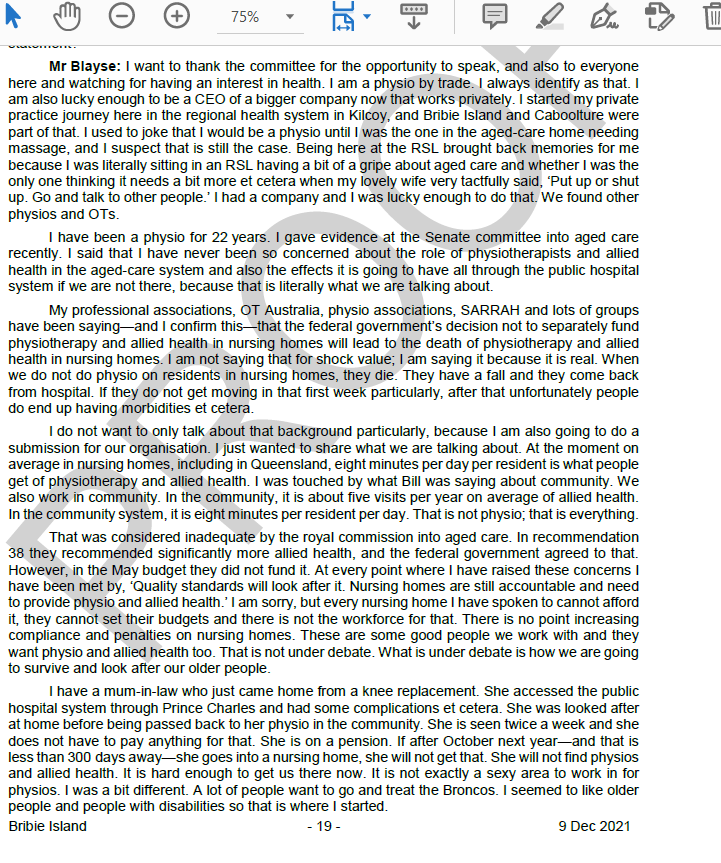 Evidence our CEO <a href="/AlwynBlayse/">Alwyn Blayse</a> gave to the QLD parliament on the 9th of December on why the AN-ACC will be the death of physio and allied health in nursing homes documents.parliament.qld.gov.au/com/HEC-B5E1/I… 
Join 10,000 others and sign our petition chng.it/pdxnFB28 via <a href="/ChangeAUS/">Change.org Australia</a>