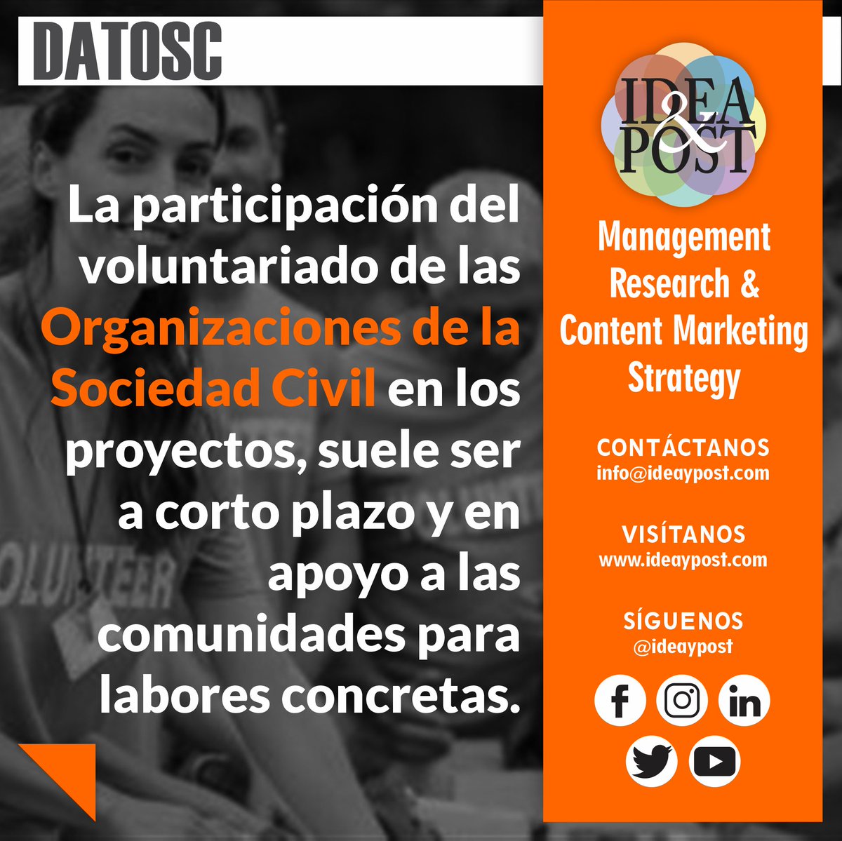 ideaypost's tweet image. El voluntariado de las organizaciones de la sociedad civil cumple un rol concreto y previamente determinado, al inicio de cada proyecto.

Síguenos en @ideaypost o visita nuestro #blog en ideaypost.com y conoce más #datosc

#ideaypost #tercersector #ods #comdesarrollo