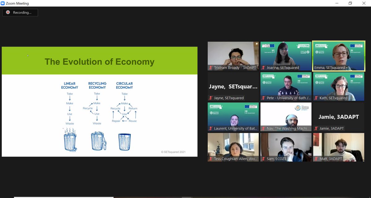 setsquared's tweet photo. Welcome to #SETsquaredSusTech #ERDF Sustainability Workout. This morning we are looking at the circular economy, its benefits, and actions that can be adapted to achieve a circular economy as a business.
@stbahub @UniofBath @csctbath @KatharineBDevon @atomicsmash https://t.co/anzL9M8bsm