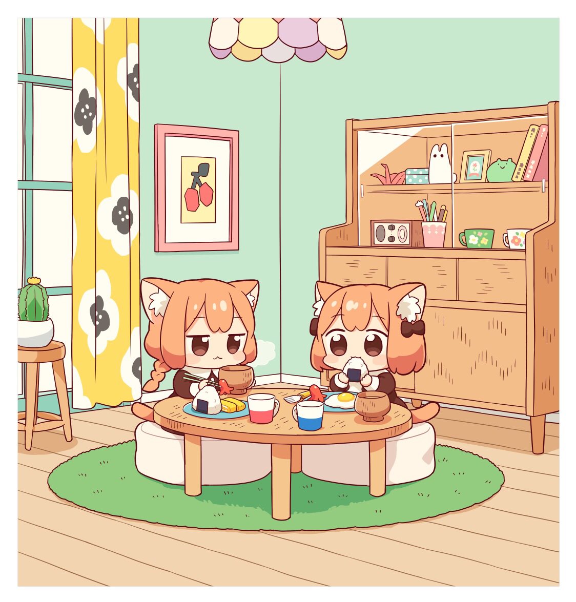 animal ears multiple girls food 2girls onigiri tail table  illustration images