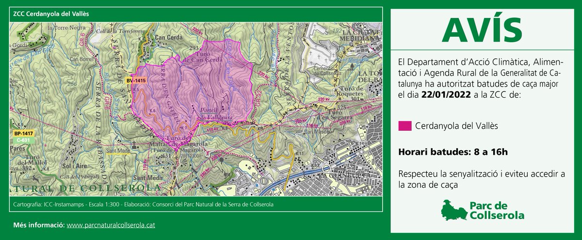 parcncollserola's tweet photo. ⚠AVÍS, AVUI 22/01/2022 CAÇA MAJOR⚠
@agriculturacat ha autoritzat #batudes de #caçamajor a les Zones de Caça Controlada (ZCC) de #Cerdanyola.
Respecteu la senyalització i eviteu accedir a les zones de caça.
+ info: https://t.co/0wTUaz9tSy https://t.co/lZu7k1xIhp