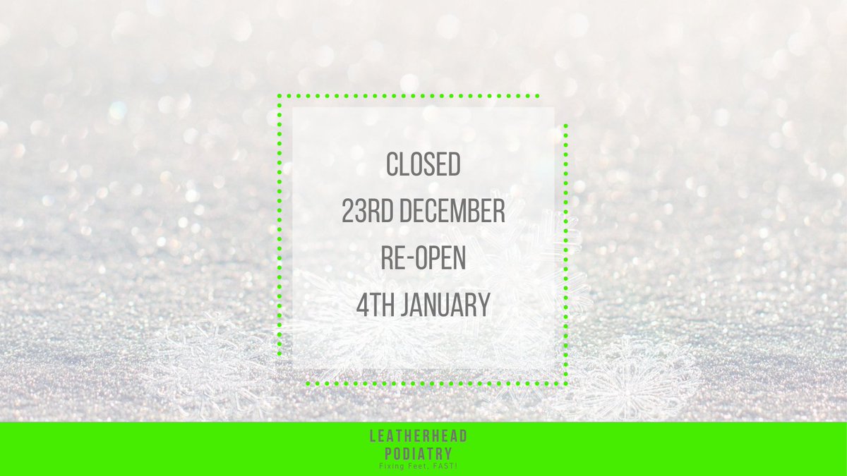 If your feet need attention before the holiday period it's a good idea to book your appointments now. We close at the end of the day on 22nd December and re-open on 4th January. Covid safety measures in place as always. Call 01372 374125 to book.