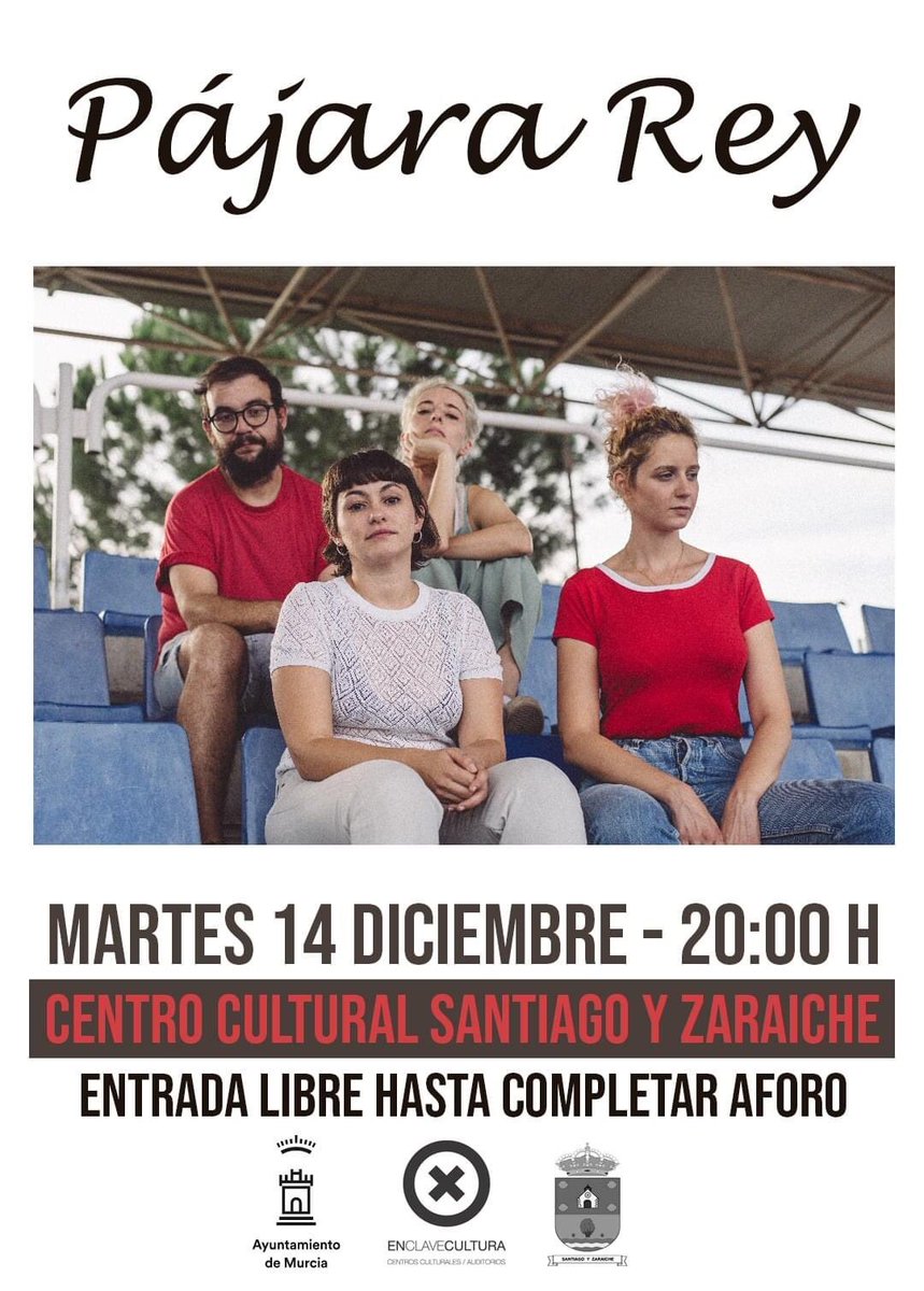 Silbato Producciones (@silbato_murcia) on Twitter photo Martes 14 de diciembre (mañana): <a href="/PajaraRey/">Pájara Rey</a> en #SantiagoyZaraiche, con entrada libre (20h). Martes 14 de diciembre (mañana): <a href="/PajaraRey/">Pájara Rey</a> en #SantiagoyZaraiche, con entrada libre (20h).