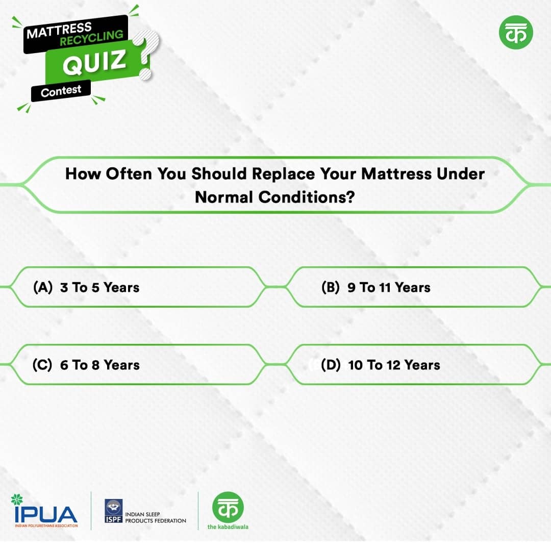 TheKabadiwala's tweet photo. Question 6 of the #fekonahirecyclekaro #Contest.
Test your knowledge on #Mattress #Recycling &amp; answer this question correctly to #win Rs100 #Amazon #giftcard 
Please read T&amp;C carefully.
Tag your friends &amp; get maximum likes to increase your chances of winning.
@indiansleepproducts https://t.co/oFl9nCiRTv