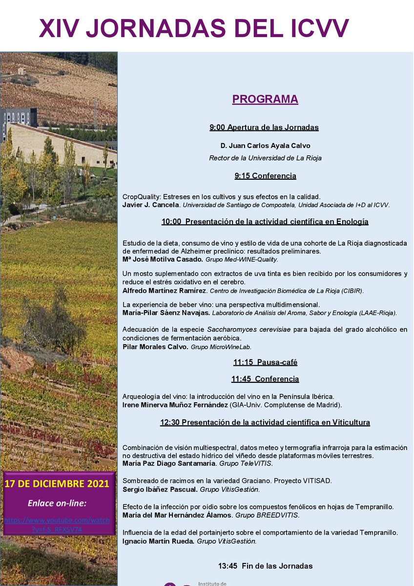 vitisad's tweet photo. #VITISAD estará presente en las XIV Jornadas del @icvv_rioja, presentando nuestro proyecto y una de las experiencias relizadas en el mismo orientada a la disminución de temperatura del racimo en la variedad Graciano.
@CTPPOCTEFA 

📆 17-dic 🕘9:00 
🔗https://t.co/7jQh1YBSZK https://t.co/3gt8GoAjaf