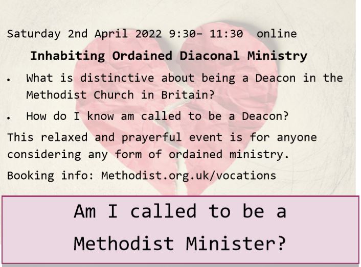 Do you want to know more about what it is to be a Deacon?

Maybe you think this might be your call?

Maybe it is a ministry you know little about?

Saturday 2nd April 2022

More info methodist.org.uk/for-churches/m… 

#Deacon #Methodist #DiaconalMinistry #prayer #service #vocation