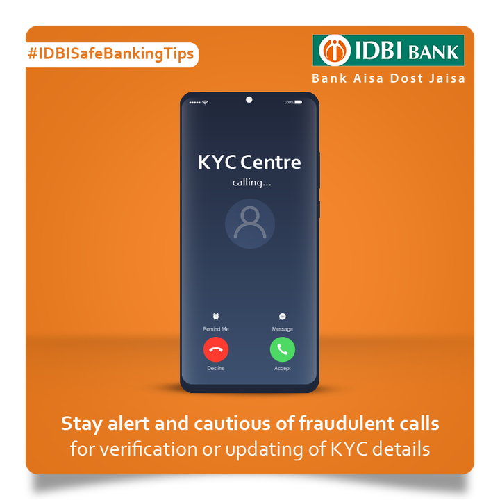 IDBI_Bank's tweet photo. IDBI Bank or its employees will never request you to update or verify your KYC over a phone call. If you receive such a call, do not share any confidential details like your card number, CVV, OTP etc. Report this instance and #StayAlertBankSafe. #IDBISafeBankingTips #SafeBanking https://t.co/HWK26jBQTT