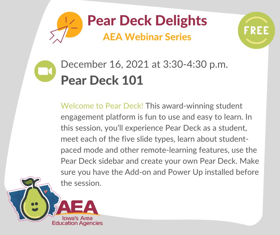 iowa_aea's tweet photo. Join us for Pear Deck 101 on Thursday, December 16 at 3:30 π»π Register at https://t.co/35ZJR3QIij #iaedchat #ialegis #iaedtech https://t.co/NxpsW95w8x