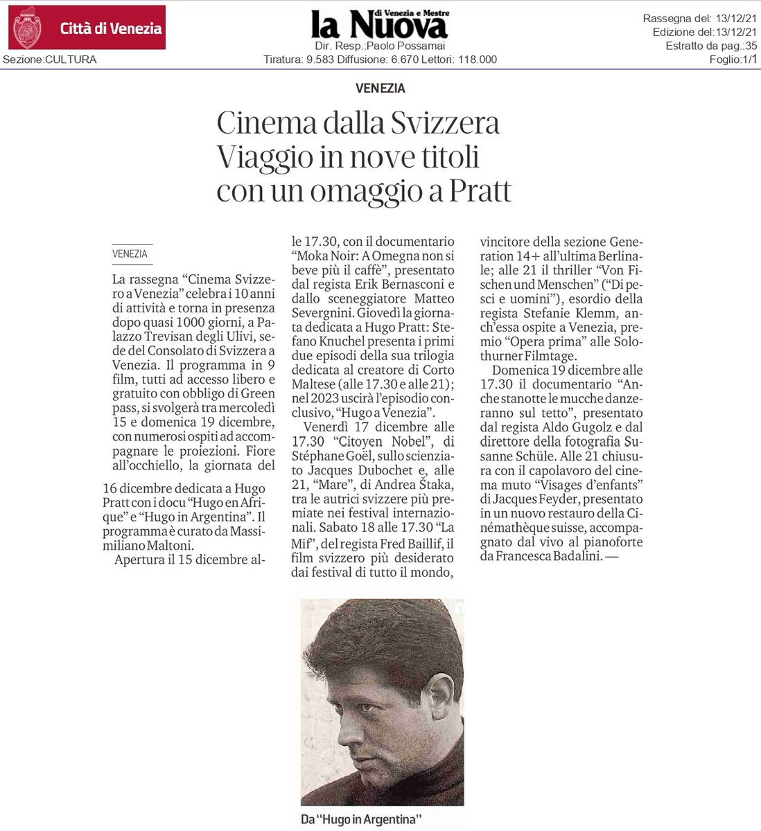 IveserVenezia's tweet photo. Cinema dalla Svizzera a @pal_Trevisan con un omaggio a Hugo Pratt
15/19.12 https://t.co/R1OJaF6jIu