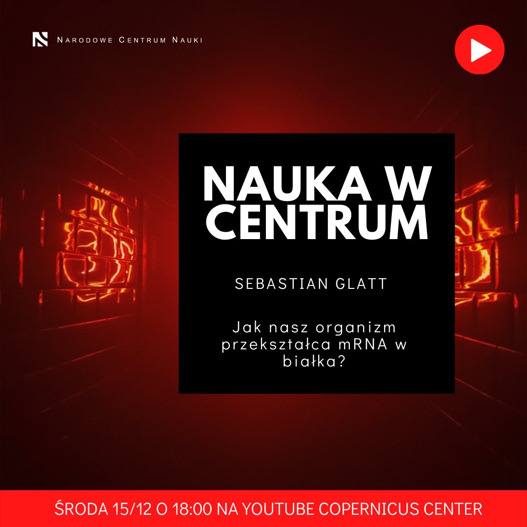 NCN_PL's tweet photo. 🗓️15 grudnia o godz. 18.00 dr @GlattSebastian wygłosi wykład „Jak nasz organizm przekształca mRNA w białka?” („How our body translates mRNA into proteins?”). Będzie to 5. wykład w serii #NaukawCentrum. https://t.co/juItljPexX https://t.co/JAdO5AQA4B