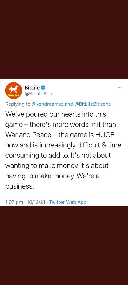 kagagolyo's tweet photo. @BitLifeApp Like it's so difficult to code a text based game https://t.co/vjqFJ9388f