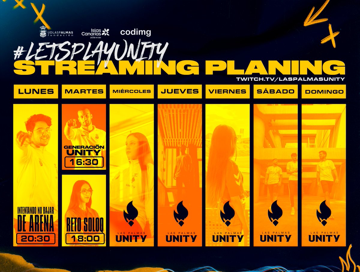 ¡Esta semana tenemos 3 directos preparados para ti!

1⃣ Lunes junto a @YeltrackYT en #ClashRoyale 🃏
2⃣ Martes de #GeneraciónUnity en compañía de <a href="/TheRodrex/">rodrex</a> y su invitado 😎
3⃣ Seguido de un directo especial de <a href="/nasstig_/">ita ☁️</a> en #Valorant 😳

🔗 twitch.tv/laspalmasunity
¡Todos adentro!