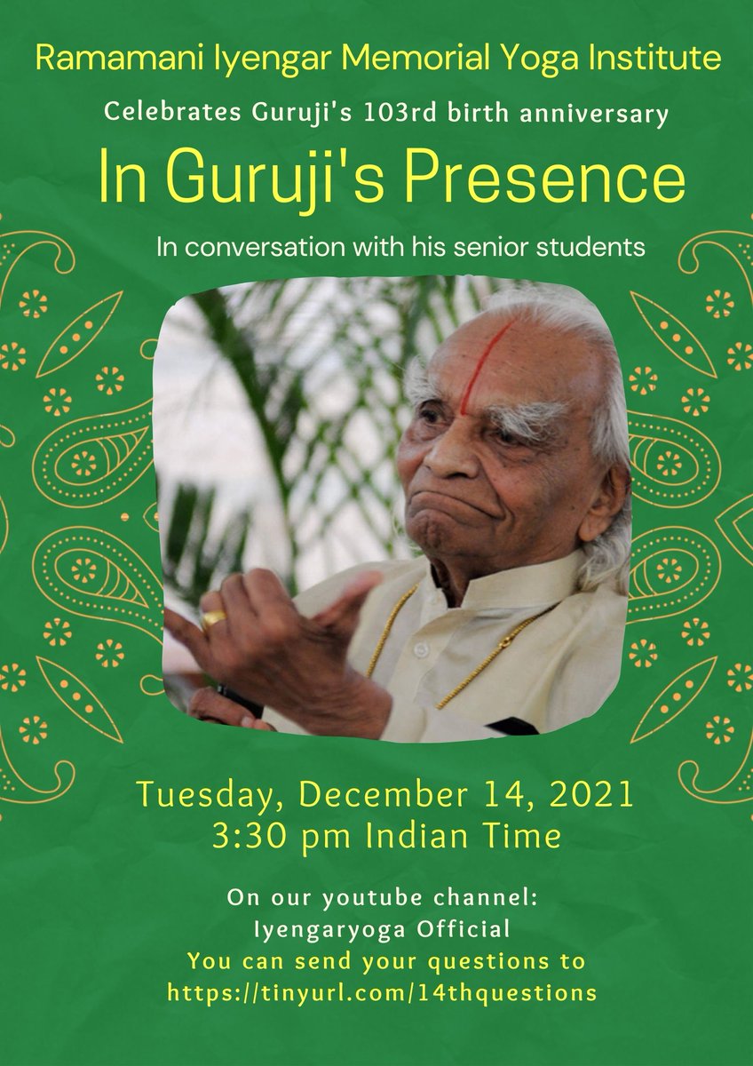 On Guruji's 103rd birth anniversary, listen to some of the students who spent a lot of time with Guruji beyond the classes. Send your questions on tinyurl.com/14thquestions. Watch live on youtubehttps://tinyurl.com/IYOfficial
tinyurl.com/IYOfficial <a href="/IYNAUS/">Iyengar Yoga US</a> <a href="/IYA_UK/">IYA UK</a> @IyengarYogaAU