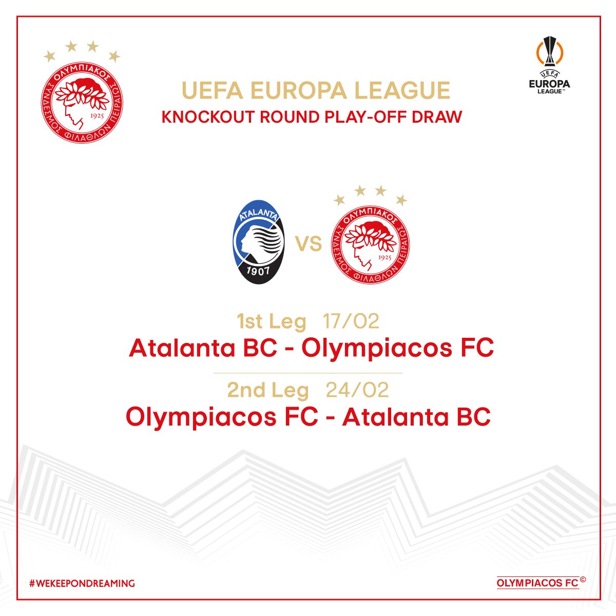 Olympiacos FC (@olympiacosfc) on Twitter photo Η Αταλάντα θα είναι αντίπαλος του Ολυμπιακού στην επόμενη φάση του UEFA Europa League. / <a href="/Atalanta_BC/">Atalanta B.C.</a> will be Olympiacos’ opponent in the 2021-22 <a href="/EuropaLeague/">UEFA Europa League</a> knockout round play-offs.
#Olympiacos #Football #Greece #UEL #UELdraw #Europe Η Αταλάντα θα είναι αντίπαλος του Ολυμπιακού στην επόμενη φάση του UEFA Europa League. / <a href="/Atalanta_BC/">Atalanta B.C.</a> will be Olympiacos’ opponent in the 2021-22 <a href="/EuropaLeague/">UEFA Europa League</a> knockout round play-offs.
#Olympiacos #Football #Greece #UEL #UELdraw #Europe