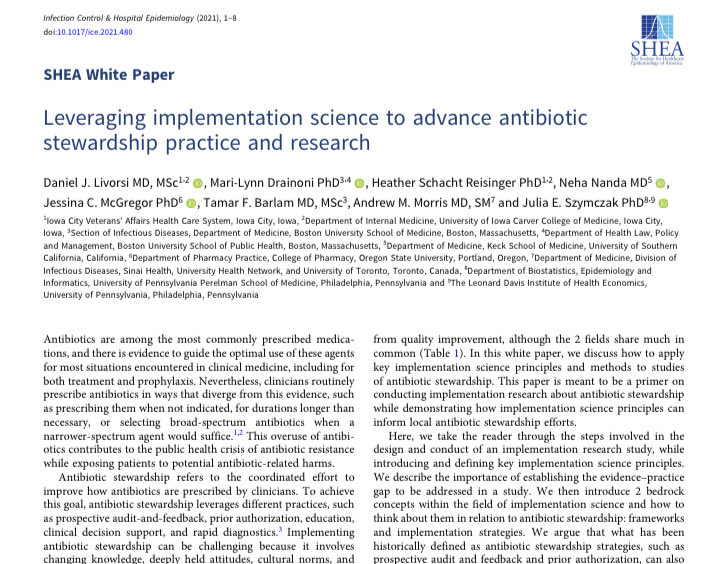 Implementation science can inform antibiotic stewardship. Here we review how to conduct implementation research about stewardship and show how IS principles can guide local stewardship efforts. Thank you to ⁦@JulieSzymczak⁩ & the rest of our team! cambridge.org/core/journals/…