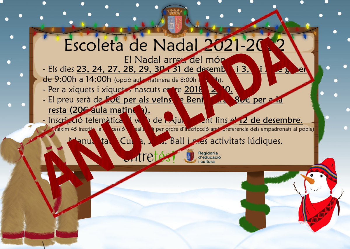 Benirredra's tweet photo. ⛔ ANUL·LADA ESCOLETA DE NADAL 2021 ⛔
🗣️ Des de l'Ajuntament informem que aquest any s'anul·lara l'Escoleta de Nadal Municipal ja que no s'ha complit el nombre mínim d'inscrits en aquesta.
🙇🏻 Gràcies per la vostra atenció i disculpeu les molèsties. https://t.co/S9d0vSAWdw