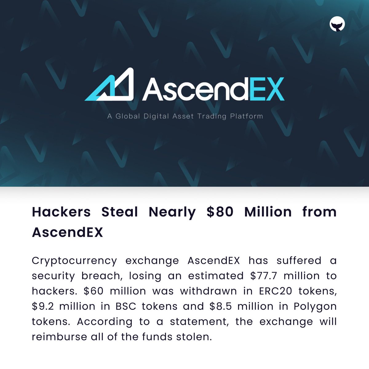 _CryptoWhaler's tweet photo. AscendEX has lost $77.7 million in a hack.

Tags:
#IndianWhaler #IndiaWantsCrypto #crypto #cryptofyingindia🇮🇳 #wazirxwarriors #cryptocurrency #CryptoSetsYouFree #AscendEX #hacked https://t.co/rhNw7dN6wh