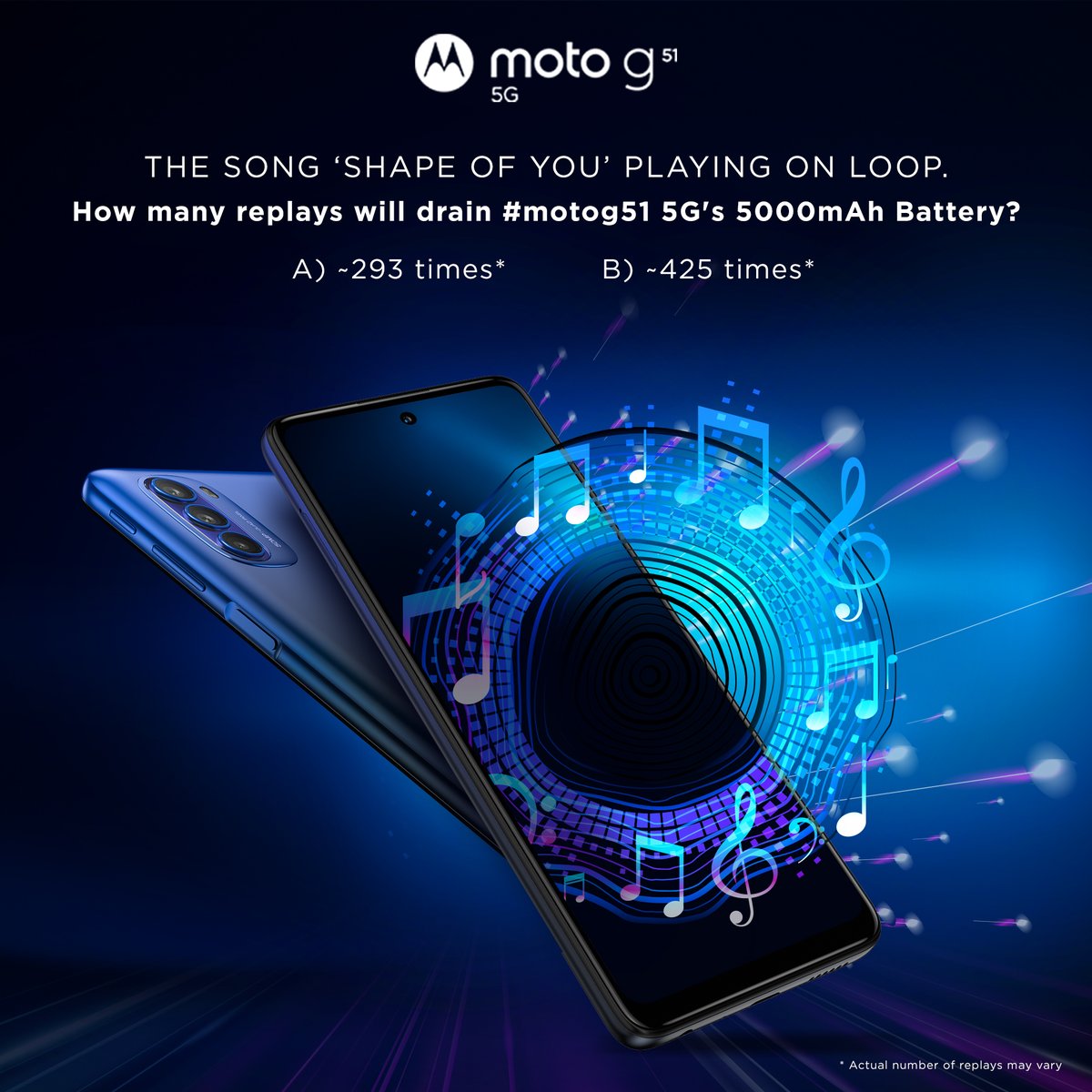 motorolaindia's tweet photo. Quick! Comment the correct answer below as you are super close to winning a brand-new #motog51 5G! Its massive battery will help you groove to your favorite beats all day long. Take the #GoTrue5G Quiz now! #gomotog https://t.co/jXIH2AlnyS