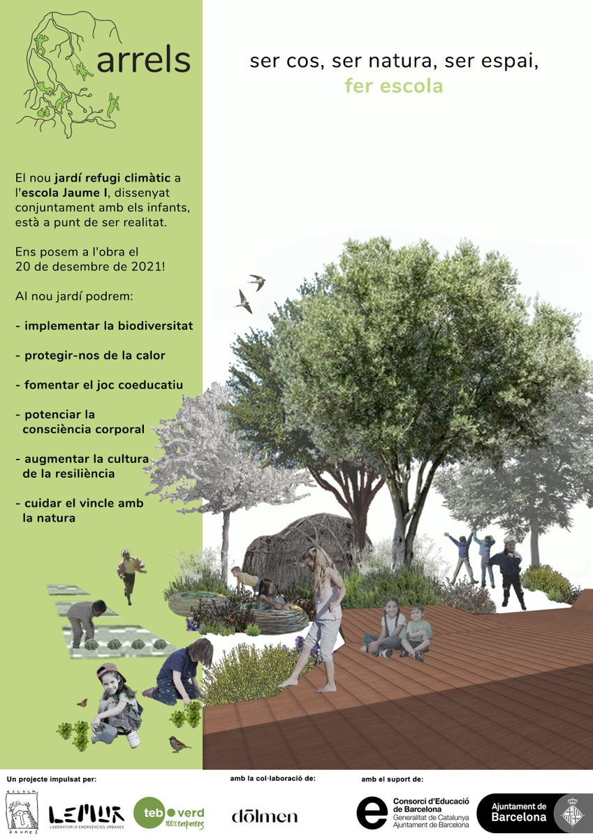 Estem encantades de poder mostrar el cartell definitiu d'ARRELS. SER COS, SER NATURA, SER ESPAI, FER ESCOLA. Els infants aprofitaran el procés d'obra per fer un recull d'evidències d'aprenentatge. <a href="/lab_lemur/">LEMUR Laboratori d'Emergències Urbanes</a> <a href="/consorciedubcn/">Consorci d'Educació</a> <a href="/bcn_ajuntament/">Ajuntament de Barcelona</a>