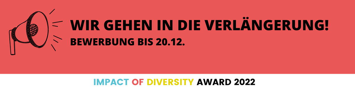 📢 Wir gehen in die #Verlängerung! Bewerbt euch noch bis 20. Dezember, 23:59 Uhr!
➡️ hubs.li/Q010HTHd0

Ab 10. Januar schicken wir dann alle Einreichungen für 6 Wochen ins Public Voting.
 
#impactofdiversity #diversityforsuccess #iod2022 #award #diversity