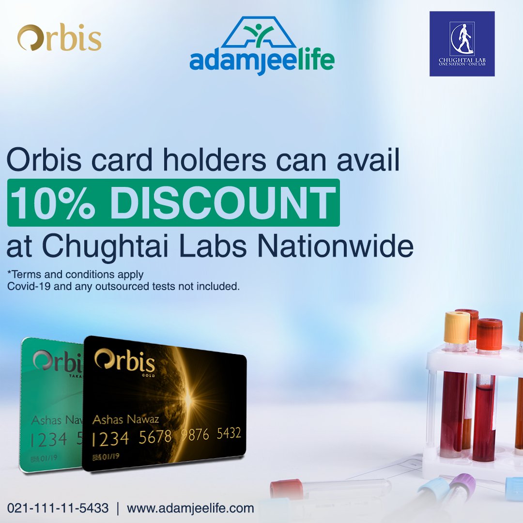 Adamjee_Life's tweet photo. Undoubtedly, health is the first requisite of a cheerful life. Therefore, Adamjee Life is offering a 10% discount to Orbis Gold cardholders at Chughtai Labs nationwide.
#AdamjeeLife #OrbisGoldCard #ChughtaiLab #Health https://t.co/kTGGZfrsq0