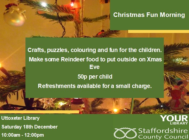 StaffsLibraries's tweet photo. Join us on Saturday 18th December between 10am and 12pm at #UttoxeterLibrary for a morning of #Christmas Fun.  Puzzles, crafts and colouring.  Make some reindeer food to put outside on Christmas eve.  50p per child, refreshments available for a small charge. https://t.co/oDEw7ivkTe