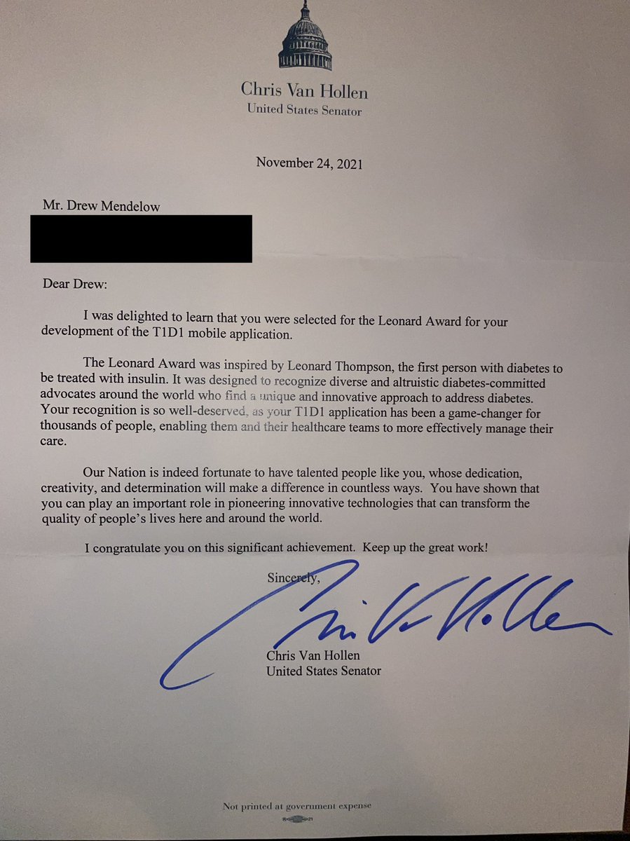 T1D1 App (@t1d1app) on Twitter photo Big thanks to Senator <a href="/ChrisVanHollen/">Senator Chris Van Hollen</a> for his letter recognizing Drew's hard work on T1D1. Drew was thrilled and it made his day! Big thanks to Senator <a href="/ChrisVanHollen/">Senator Chris Van Hollen</a> for his letter recognizing Drew's hard work on T1D1. Drew was thrilled and it made his day!