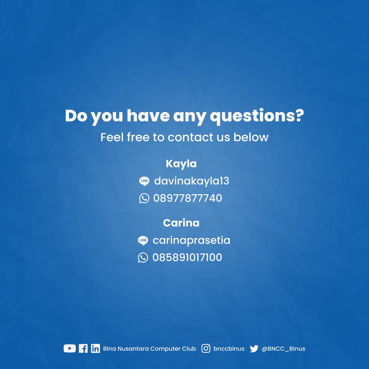 Dengan tema “Scaling the Profession Ladder: Front-End and Back-End Developer”, BNCC akan mengadakan BNCC Techno Talk I bersama dua pembicara eksklusif dari Shopee!

Langsung saja daftarkan diri kalian melalui link berikut!
⬇️⬇️⬇️⬇️⬇️⬇️
bit.ly/Registration-B…