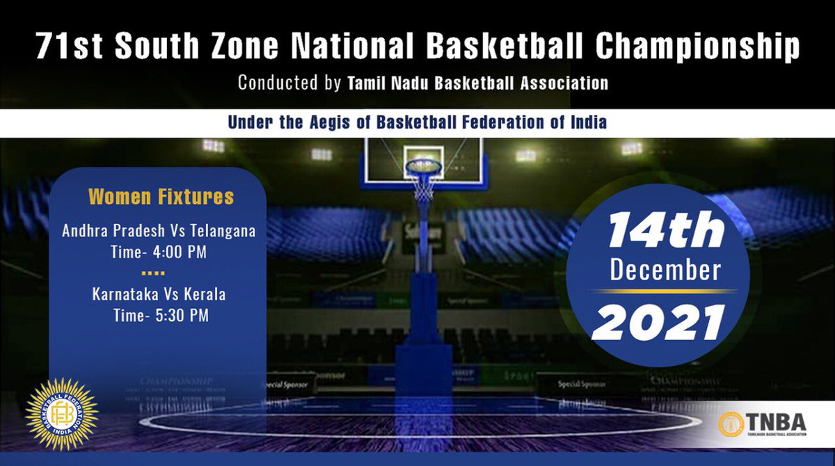 BFI_basketball's tweet photo. 71st South Zone National Basketball Championship Conducted by Tamil Nadu Basketball Association Under the Aegis of Basketball Federation of India  14th December 2021 - Men &amp; Women Fixtures 🏀  
Catch the Live action on: -https://t.co/LvogV0OjOL

#indiabasketball #BFI https://t.co/Zesgi0YUmf