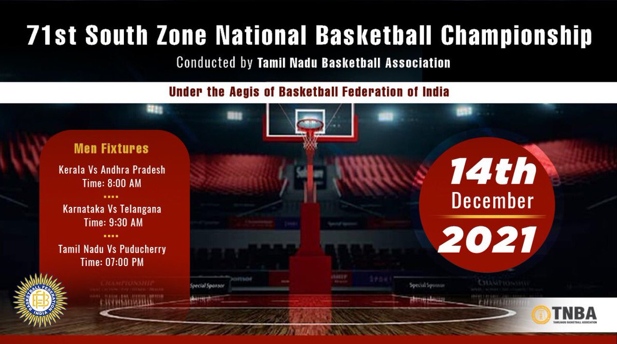 BFI_basketball's tweet photo. 71st South Zone National Basketball Championship Conducted by Tamil Nadu Basketball Association Under the Aegis of Basketball Federation of India  14th December 2021 - Men &amp; Women Fixtures 🏀  
Catch the Live action on: -https://t.co/LvogV0OjOL

#indiabasketball #BFI https://t.co/Zesgi0YUmf