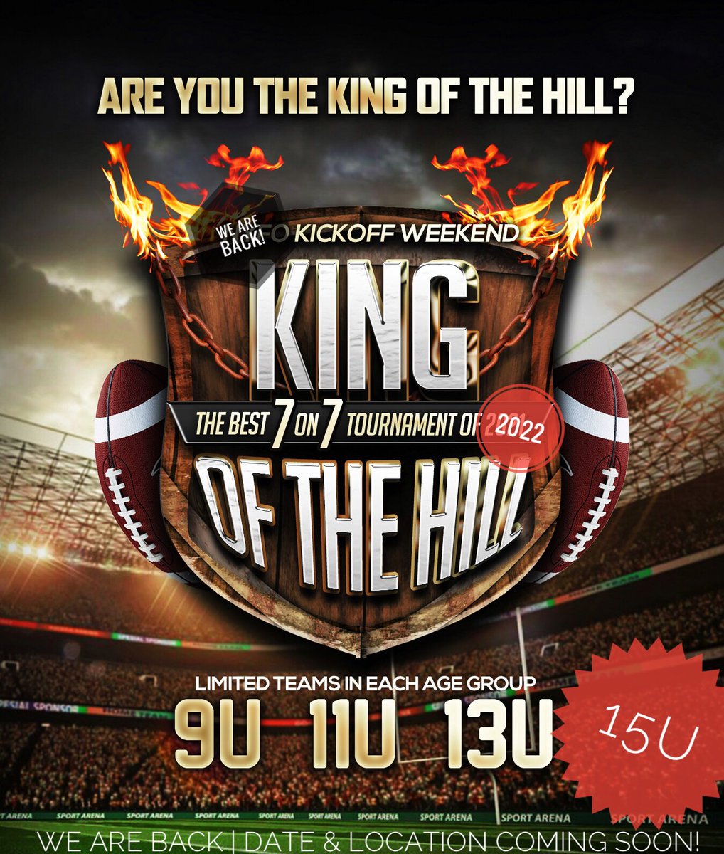 7on7IsLife's tweet photo. We have two March dates, just waiting on the venue to confirm!  If you want to be on the early list for this tournament message me with your Name, Team Name, Age Group, Email, Phone Number!

Only 4-6 teams per age group 9u, 11u, 13u, 15u

The King Of The Hill RETURNS! https://t.co/4Ou09vPvsc