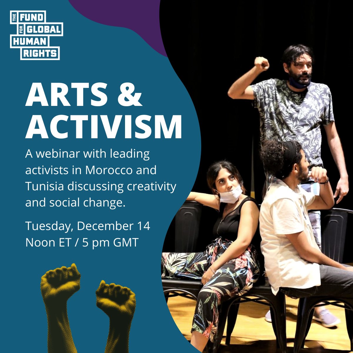 FundHumanRights's tweet image. TOMORROW - join leading activists from North Africa for a discussion on how art, theatre, and film can be used to advance social change.

Register for free: bit.ly/3rv0cfd

Starts at Noon ET / 5pm GMT.