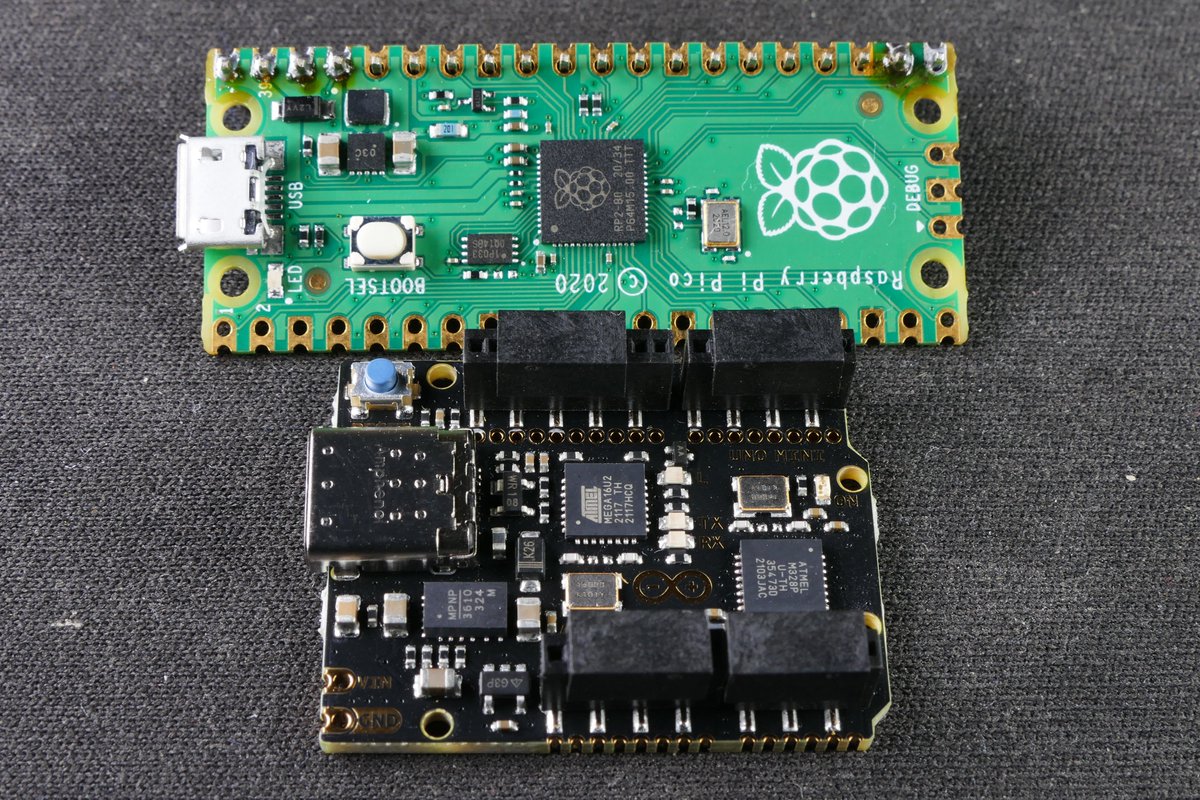RaspberryPiPico's tweet image. The Arduino Uno Mini Limited edition vs Raspberry Pi Pico. The Mini is about a quarter the size of a normal #ArduinoUno. Different boards, different purposes.

#rpi #Raspberry #raspberrryPi #raspberrypipico #learning #embeddedsystems #arduinoproject #arduino