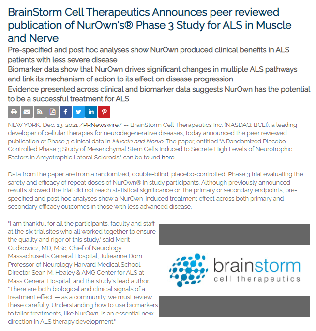 "Both biological &amp; clinical signals of a treatment effect"
~ Dr Merit Cudkowicz

#NurOwn
• Clinical data - "robust &amp; clinically meaningful benefit"
• Biomarker data - "significant robust &amp; sustained changes across multiple pathways" 

<a href="/FDACBER/">FDA Biologics</a> @califf001
ir.brainstorm-cell.com/2021-12-13-Bra…