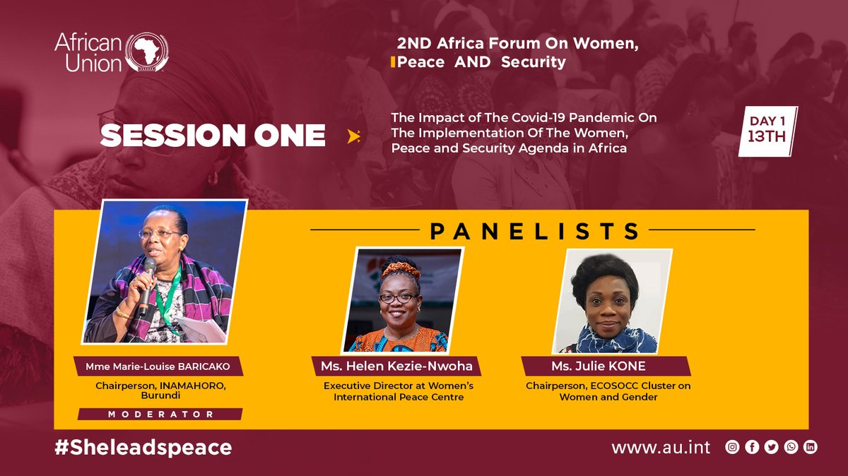 BinetaDOfficial's tweet photo. Happening Now:
#PlenarySession1 of the #2ndWPSForum under the theme: Impact of the Covid-19 pandemic on the implementation of the #WPS agenda in Africa.
Mme Marie Louise Baricako, Chairperson of #INAMAHORO is moderating.
@ChiwaraLetty @DIRCO_ZA @AU_ECOSOCC
@AU_WGDD @keziehelen https://t.co/dG5itLphAG