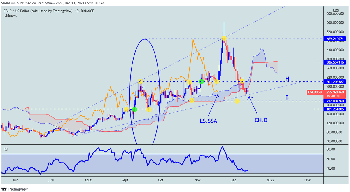 SlashCoins's tweet photo. EGLD / USD 1D : Gros retracement suite au contact de la 🎯 intermédiaire. Plusieurs supports ont lâché mais l'oblique a bien tenue. Le gros support est à 217 $ (+/) et 301 $ pour la résistance. https://t.co/ThfAxXm2FD