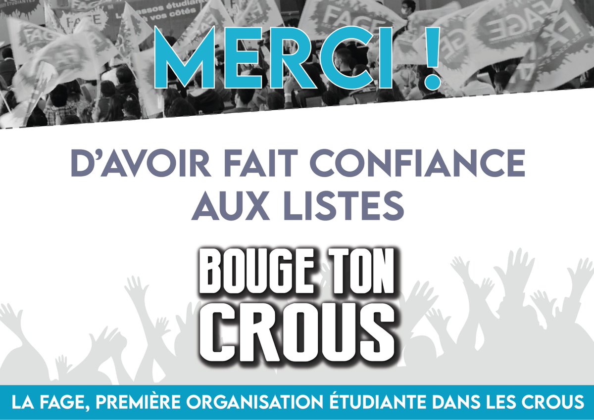 #ElectionsCROUS | Malgré un contexte électoral inédit, la population étudiante continue de plébisciter les listes #BougeTonCROUS comme en atteste l’élection de 68 élu·e·s titulaires !

La #FAGE confirme sa place 1ère orga étudiante dans les #CROUS

👉fage.org/news/actualite…