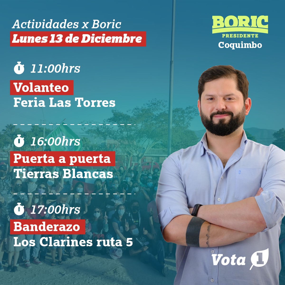 GabrielBoric's tweet photo. Quedan 6 días para la elecciones y solo 4 para hacer campaña. Súmete a las actividades de tu comuna o región. Acá va hilo con los puntos de encuentro de hoy https://t.co/qzuDOLSTeb