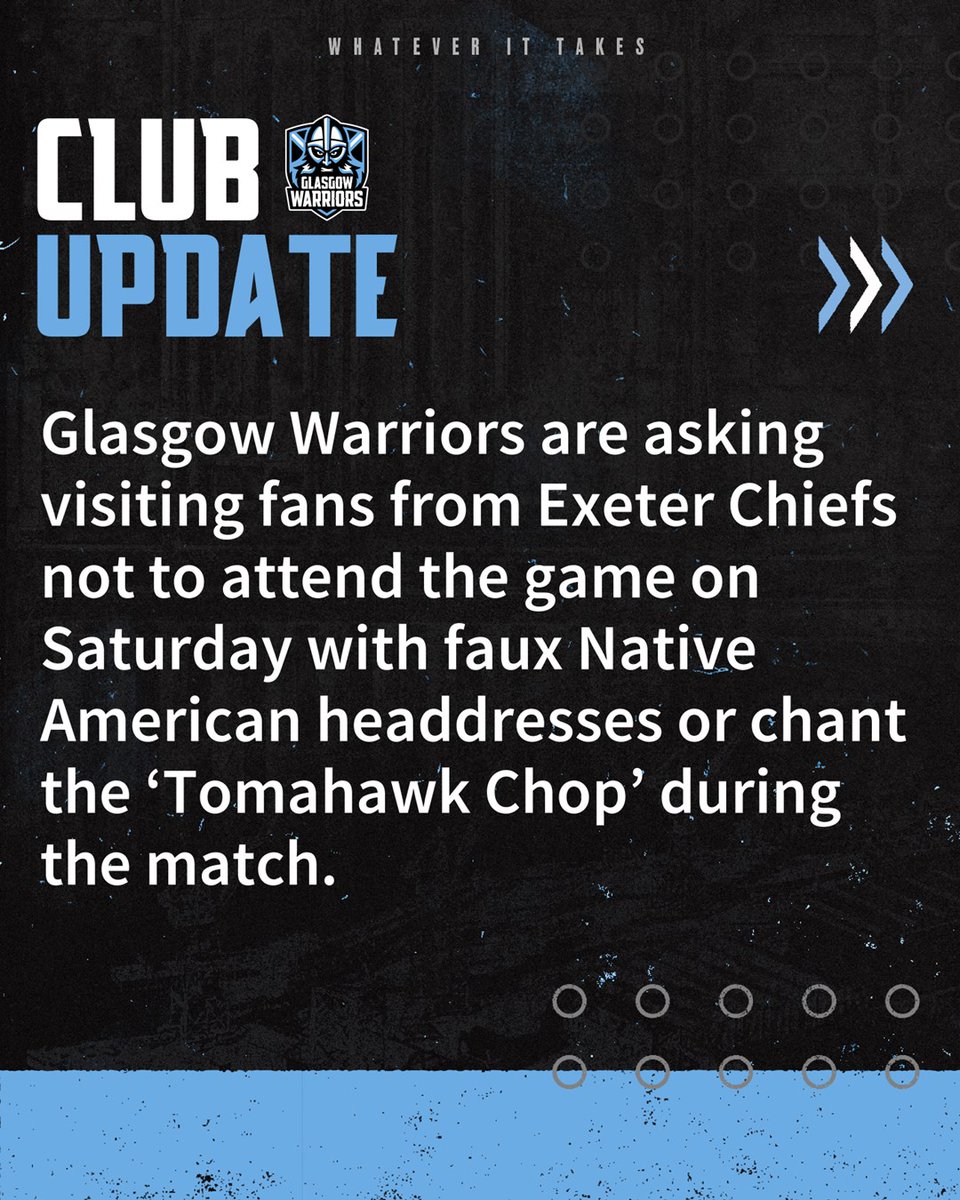 GlasgowWarriors's tweet photo. 📰 | Following extensive consultation with members of the Native American community and our supporters, we would like to provide an update ahead of this weekend's #ChampionsCup clash with Exeter Chiefs.

For more from Managing Director Al Kellock 👉 https://t.co/xhqldOIVut https://t.co/srgqH36tts