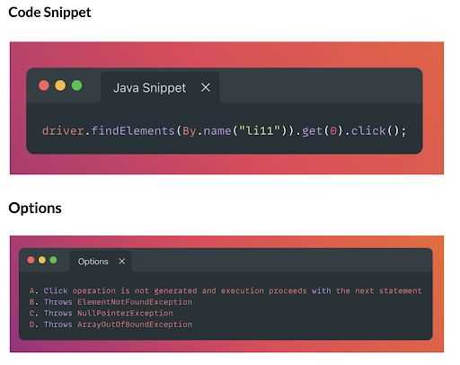 lambdatesting's tweet image. Fifth  question in the #LambdaTestCodeChallenge series. 🚀
𝗖𝗵𝗮𝗹𝗹𝗲𝗻𝗴𝗲 𝟬𝟱(𝗗𝗲𝗰𝗲𝗺𝗯𝗲𝗿 𝟮𝟭)📅
What is the expected output if there is no WebElement matching the name “li1”?⚙🛠
#CodeFestDec2021